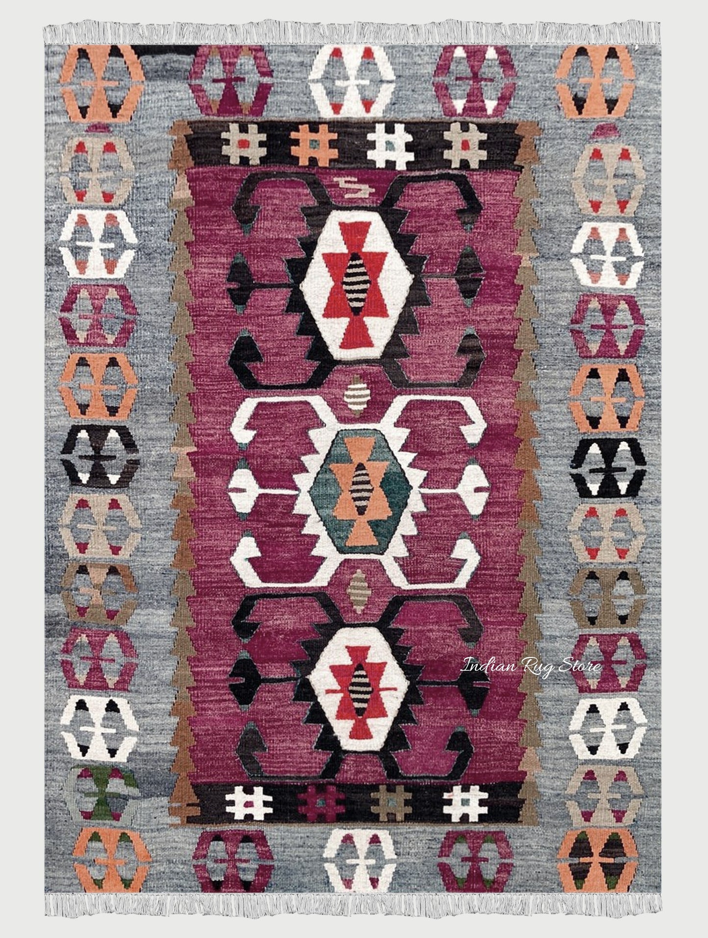 Hand Woven Wool Red and Gray Living Room Area Rug - Indian Rug Store