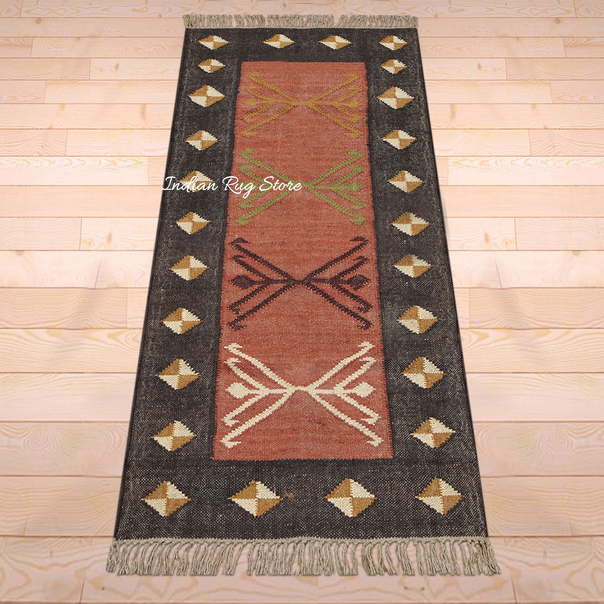 Black Red Indian Hand Woven Geometric Home Decor Wool Jute Rug - Indian Rug Store Black Red Indian Hand Woven Geometric Home Decor Wool Jute Rug - Indian Rug Store