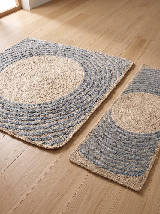 Handmade Jute & Cotton Stair Treads, Moon Halo Design, Blue Mist Japandi Step Mats Handmade Jute & Cotton Stair Treads, Moon Halo Design, Blue Mist Japandi Step Mats