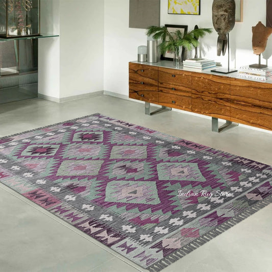 Tappeto in juta di lana e tessuto a mano geometrico multicolore nero per soggiorno Tappeto in juta di lana e tessuto a mano geometrico multicolore nero per soggiorno