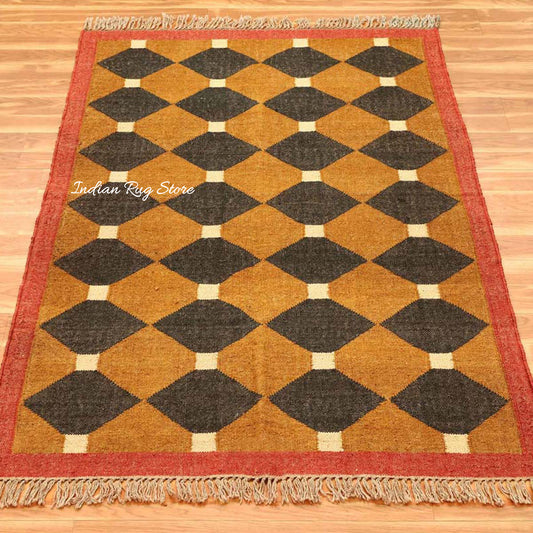 Tappeto indiano in juta di lana giallo nero geometrico tessuto a mano Tappeto indiano in juta di lana giallo nero geometrico tessuto a mano