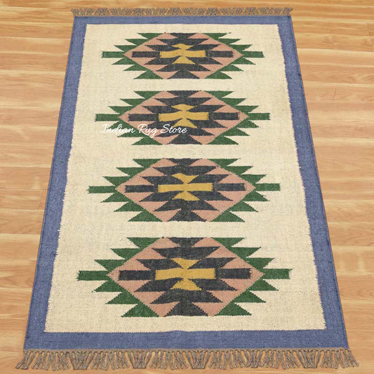 Tappeto geometrico indiano tessuto a mano in lana e juta blu beige Tappeto geometrico indiano tessuto a mano in lana e juta blu beige