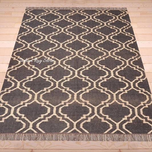 Black Brown Indian Hand Woven Geometric Trendy Wool Jute Rug Black Brown Indian Hand Woven Geometric Trendy Wool Jute Rug