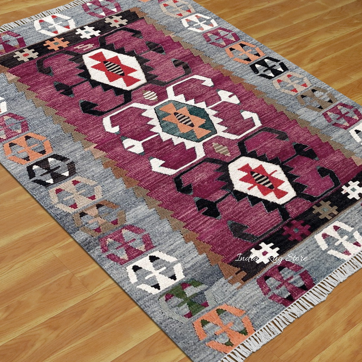Hand Woven Wool Red and Gray Living Room Area Rug - Indian Rug Store