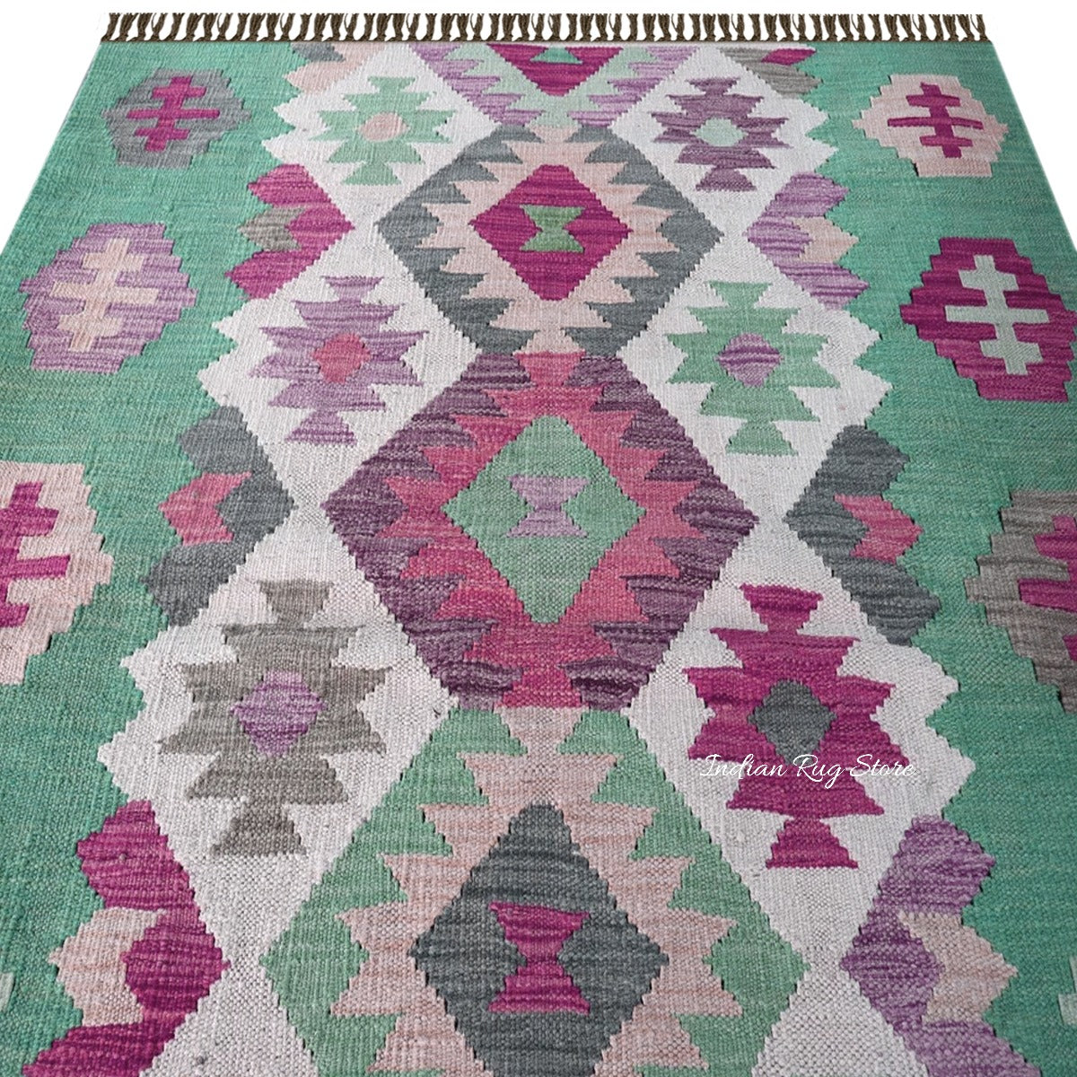 Pink and Green Hand Woven Wool Area Rug for Living Room Rug - Indian Rug Store Pink and Green Hand Woven Wool Area Rug for Living Room Rug - Indian Rug Store