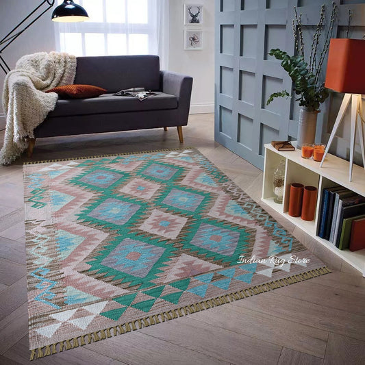 Tappeto in juta di lana e tessuto a mano geometrico multicolore nero per soggiorno Tappeto in juta di lana e tessuto a mano geometrico multicolore nero per soggiorno