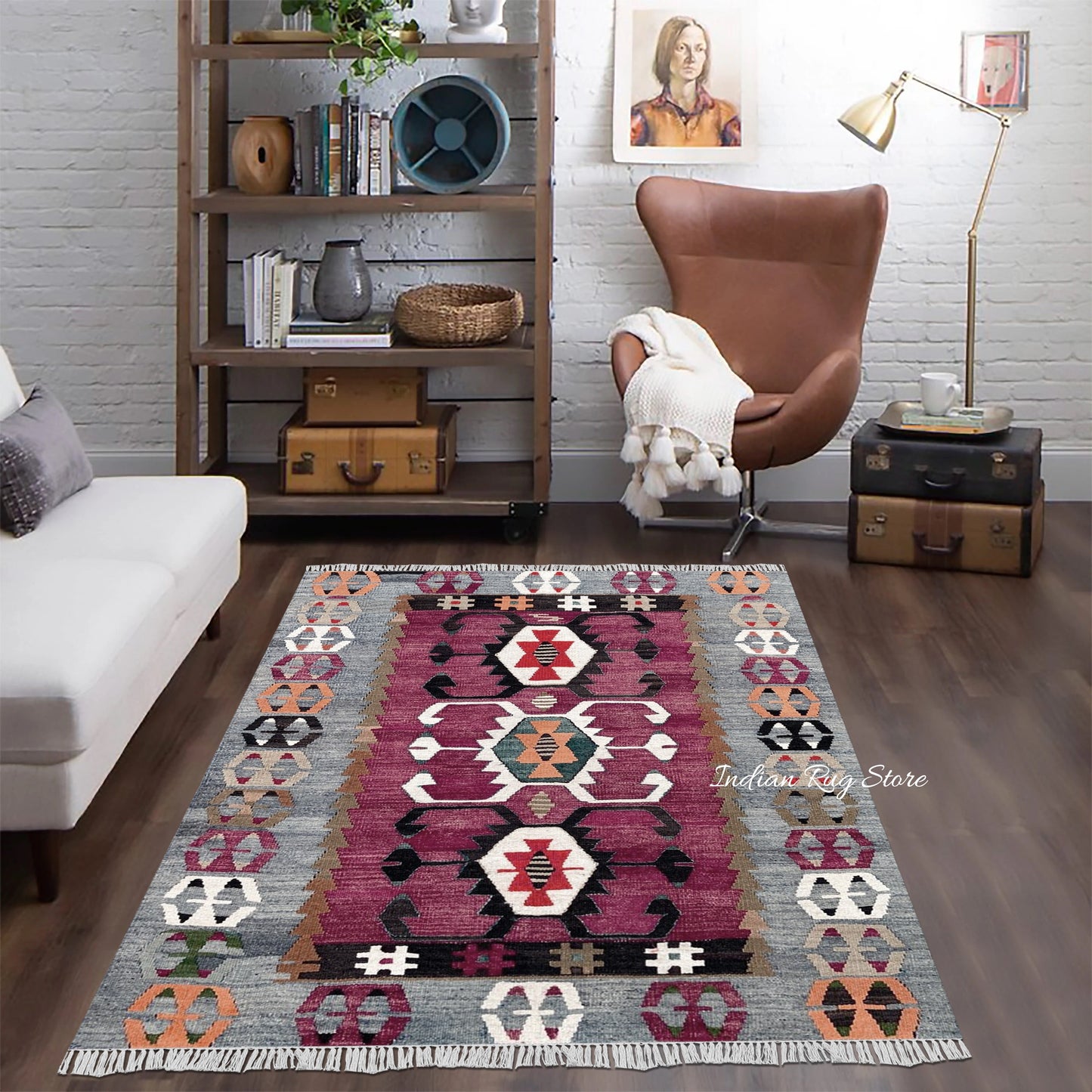 Hand Woven Wool Red and Gray Living Room Area Rug - Indian Rug Store