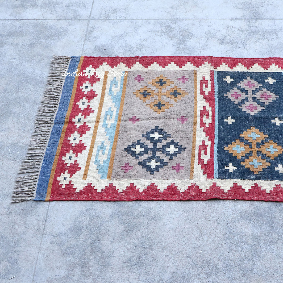 Red White Indian Hand Woven Geometric Dining Hall Wool Jute Rug - Indian Rug Store Red White Indian Hand Woven Geometric Dining Hall Wool Jute Rug - Indian Rug Store