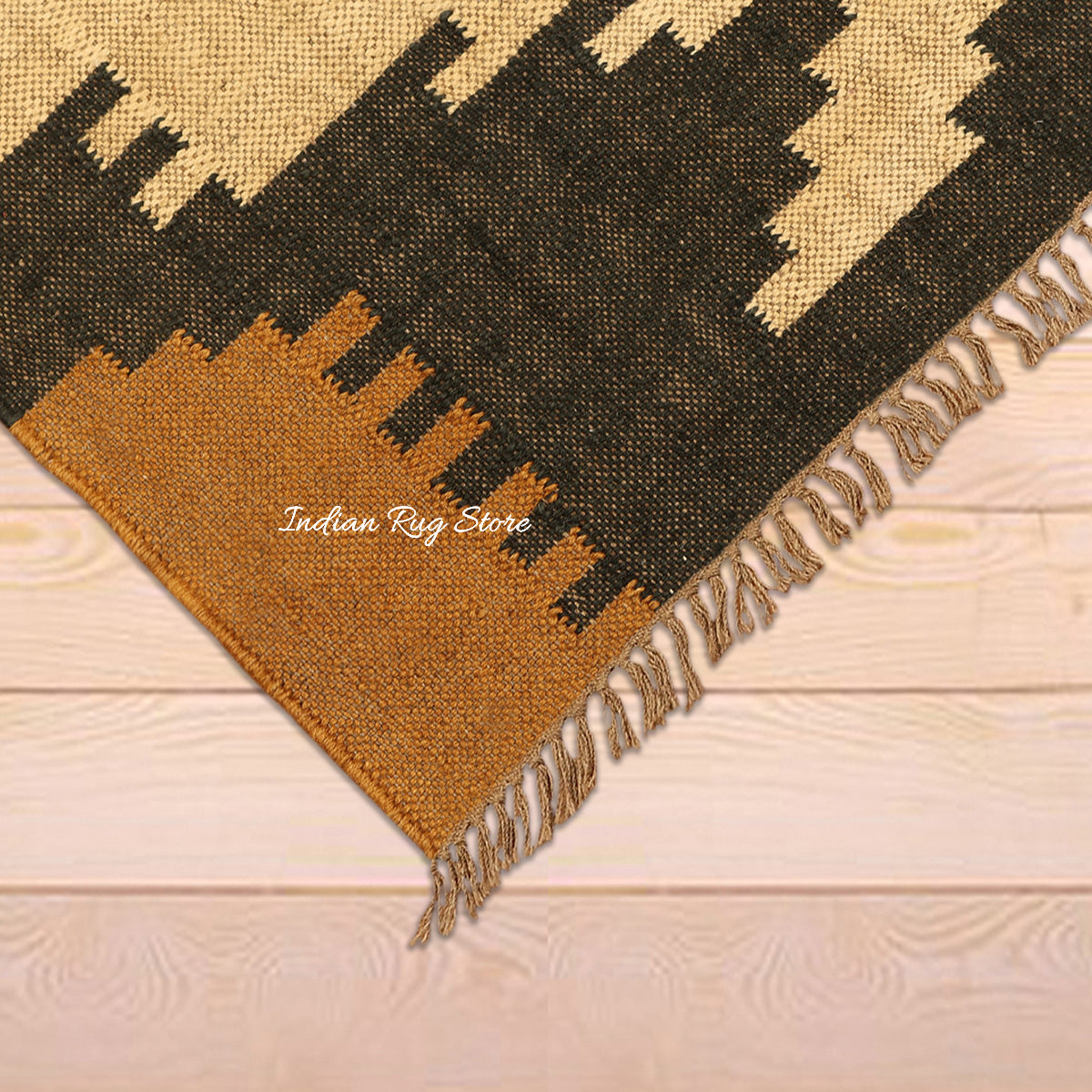 Indian Hand Woven Yellow Black Geometric Hallway Decor Wool Jute Rug - Indian Rug Store Indian Hand Woven Yellow Black Geometric Hallway Decor Wool Jute Rug - Indian Rug Store