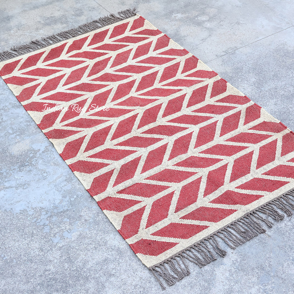 Red White Indian Hand Woven Geometric Dining Hall Beautiful Wool Jute Rug - Indian Rug Store Red White Indian Hand Woven Geometric Dining Hall Beautiful Wool Jute Rug - Indian Rug Store