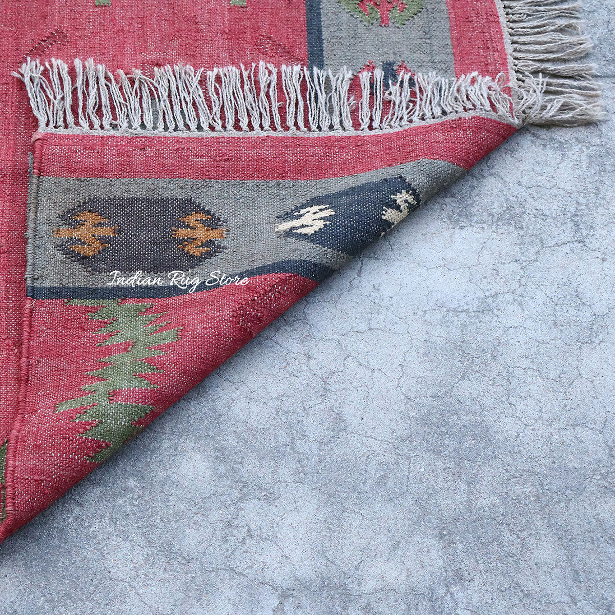 Gray Red Indian Hand Woven Geometric Dining Hall Wool Jute Rug - Indian Rug Store Gray Red Indian Hand Woven Geometric Dining Hall Wool Jute Rug - Indian Rug Store