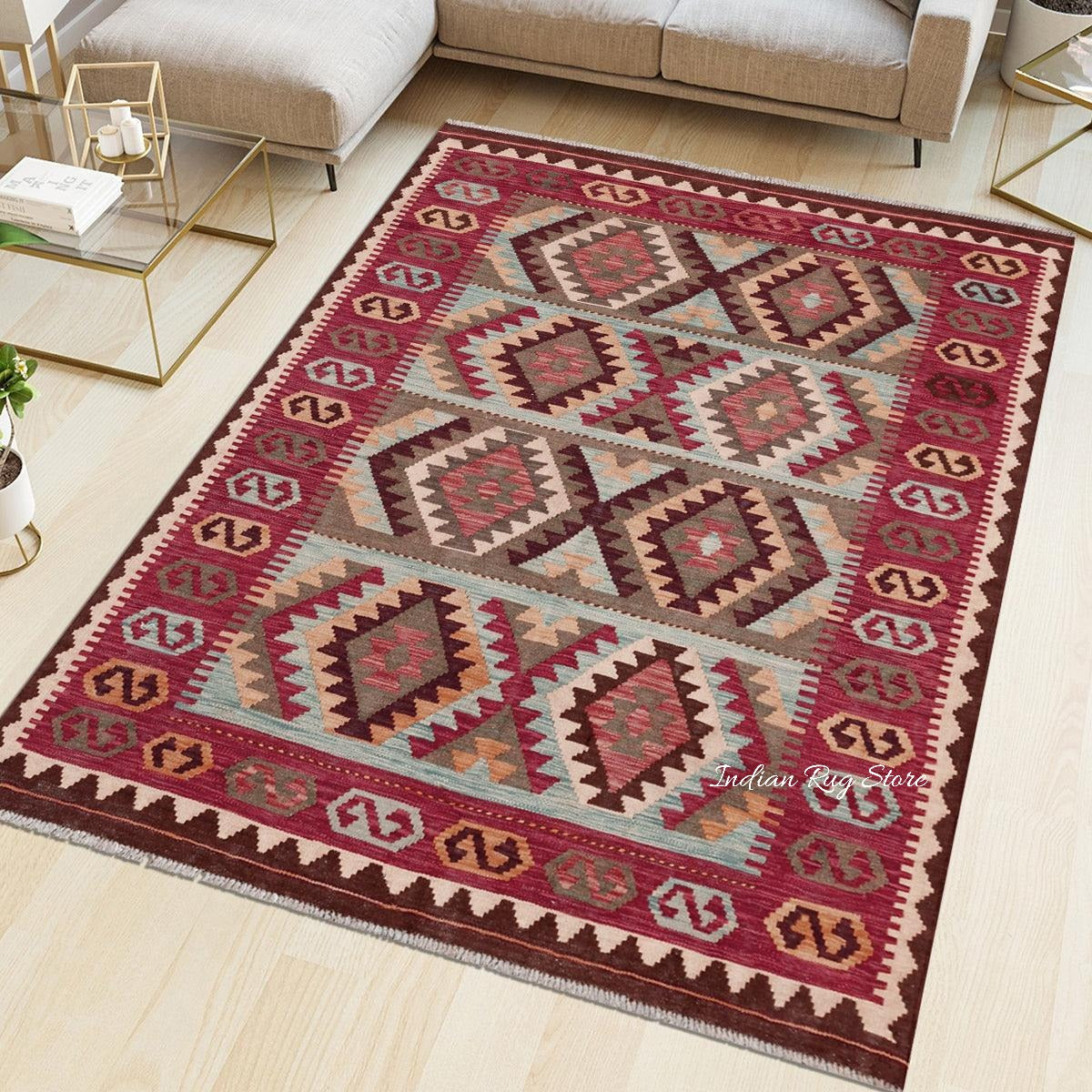 Hand Woven Cotton Kilim Area Rug For Living Room CK-509 - Indian Rug Store