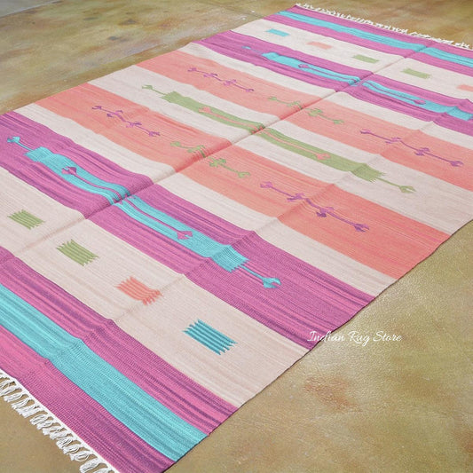 Natural Cotton Hand Woven Kilim Area Rug Pink CK-541 Natural Cotton Hand Woven Kilim Area Rug Pink CK-541
