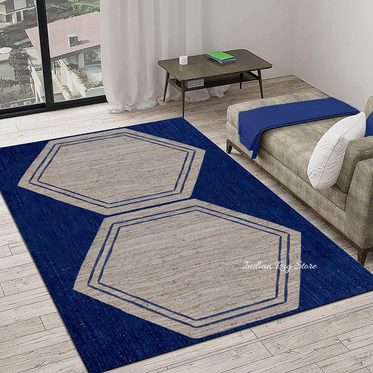 Tappeto decorativo per interni beige e blu intrecciato a mano in juta Tappeto decorativo per interni beige e blu intrecciato a mano in juta