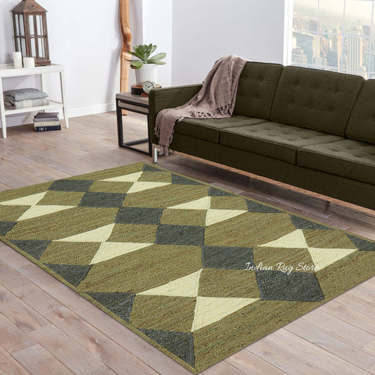 Tappeto decorativo geometrico multicolore verde intrecciato a mano in juta Tappeto decorativo geometrico multicolore verde intrecciato a mano in juta