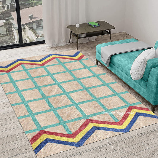 Alfombra de yute geométrica trenzada a mano multicolor verde para decoración de dormitorio Alfombra de yute geométrica trenzada a mano multicolor verde para decoración de dormitorio