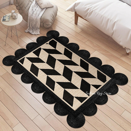 Black Beige Hand Braided Geometric Farm House Decor Jute Rug Black Beige Hand Braided Geometric Farm House Decor Jute Rug