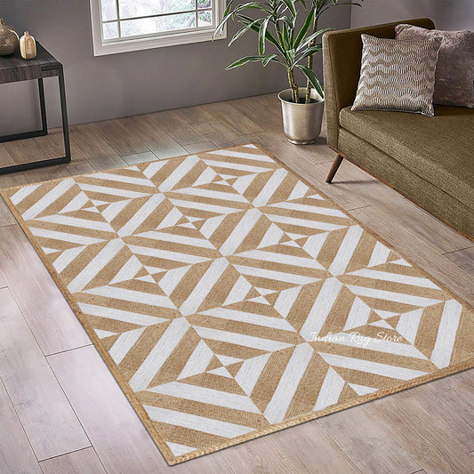 Tappeto in juta geometrico intrecciato a mano bianco beige per sala da pranzo Tappeto in juta geometrico intrecciato a mano bianco beige per sala da pranzo