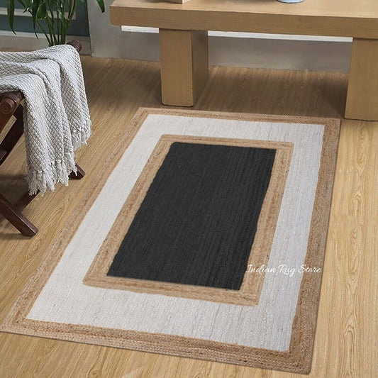 Tappeto d'ingresso in juta intrecciato a mano, geometrico, beige e nero Tappeto d'ingresso in juta intrecciato a mano, geometrico, beige e nero