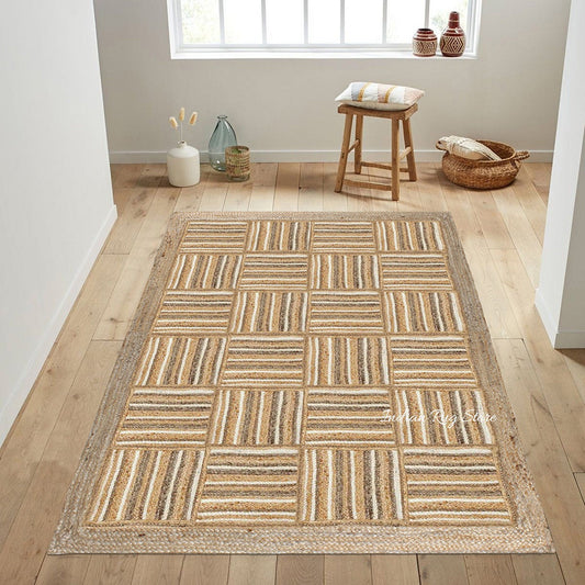 Tappeto in juta intrecciato a mano beige bianco geometrico per la casa Tappeto in juta intrecciato a mano beige bianco geometrico per la casa