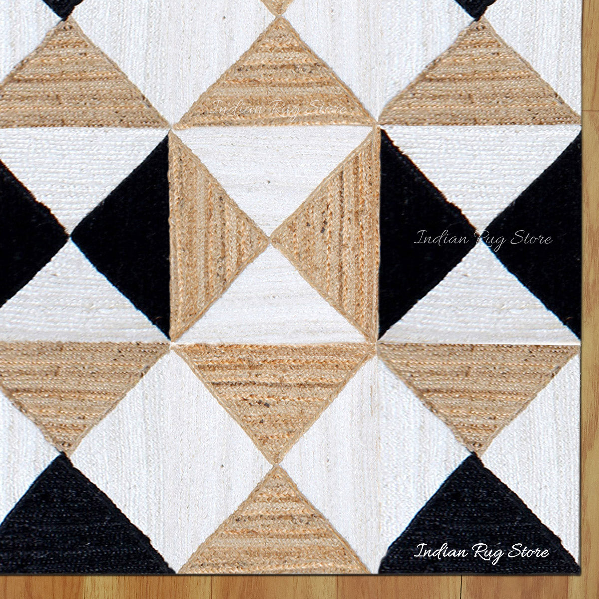 Black White Hand Braided Geometric Living Area Jute Dhurries - Indian Rug Store Black White Hand Braided Geometric Living Area Jute Dhurries - Indian Rug Store