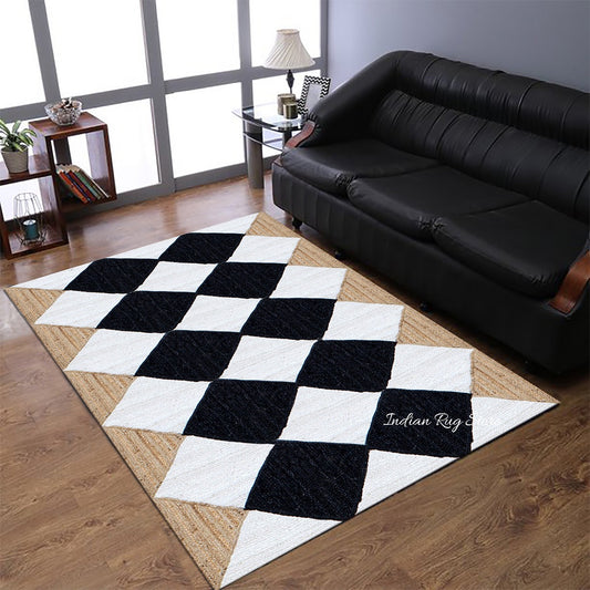 Dhurries di iuta intrecciati a mano geometrici in bianco e nero per la casa Dhurries di iuta intrecciati a mano geometrici in bianco e nero per la casa