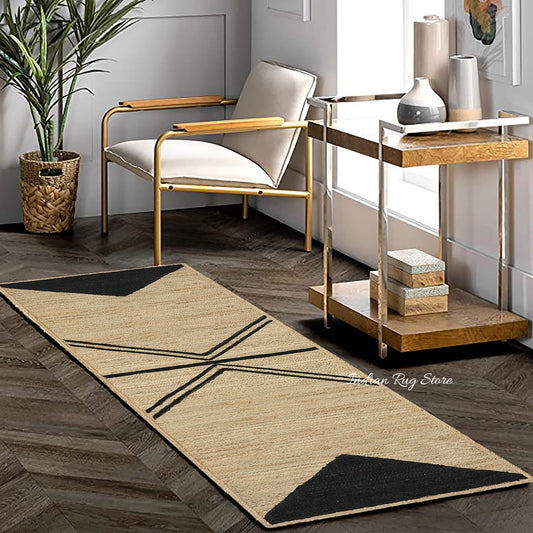 Decorazione d'interni geometrica intrecciata a mano beige nera juta Dhurries Decorazione d'interni geometrica intrecciata a mano beige nera juta Dhurries