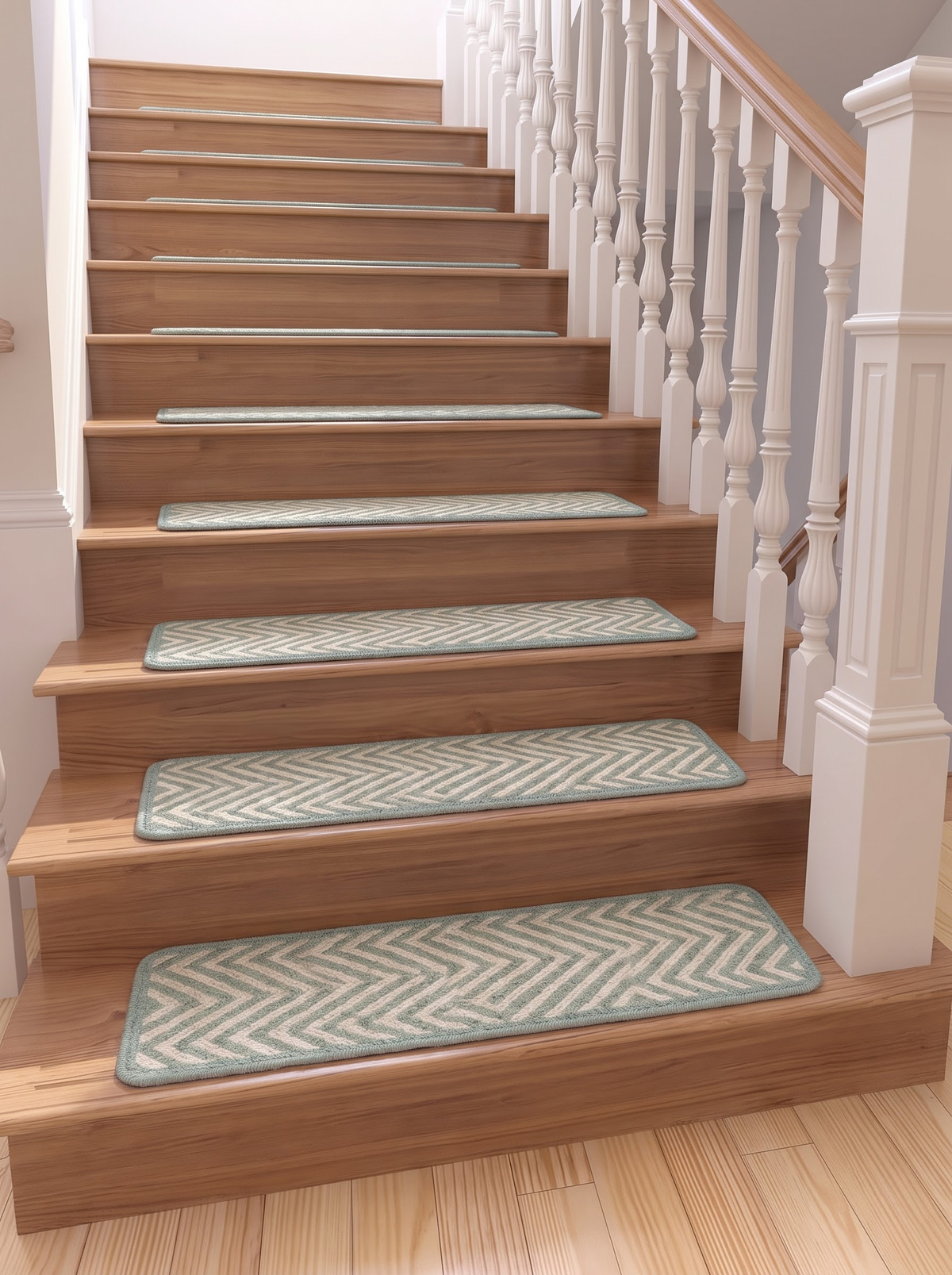 Celadon Green Handwoven Flame Stitch Stair Tread Mats, Rounded Corners, Cottage Style Decor Celadon Green Handwoven Flame Stitch Stair Tread Mats, Rounded Corners, Cottage Style Decor