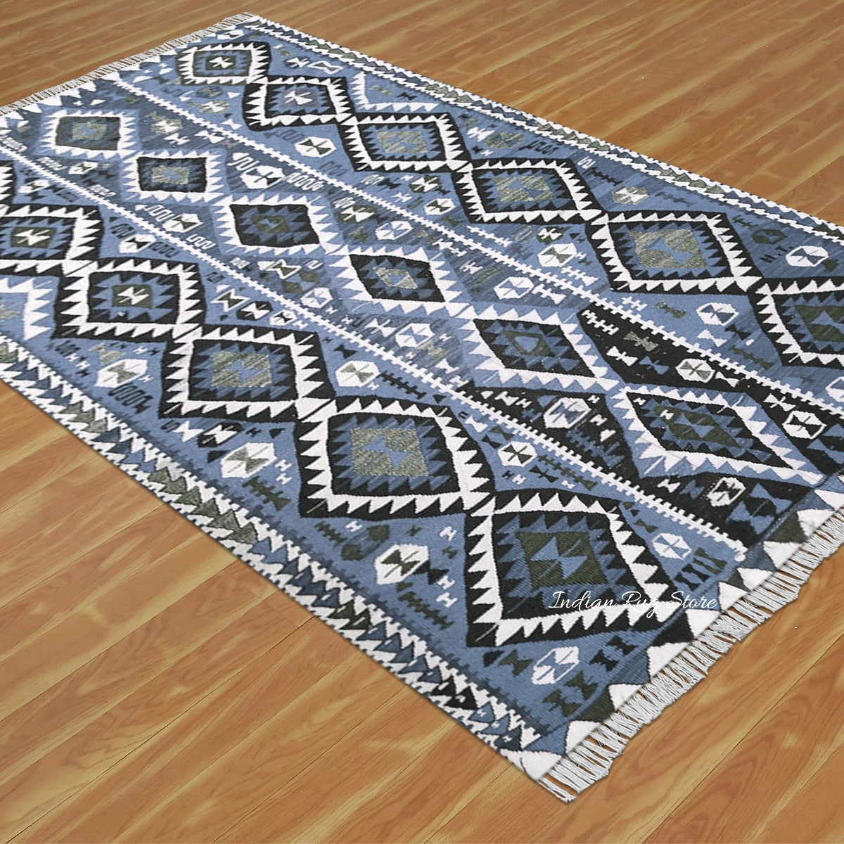 Blue Hand Crafted Wool Living Area Kilim - Indian Rug Store Blue Hand Crafted Wool Living Area Kilim - Indian Rug Store