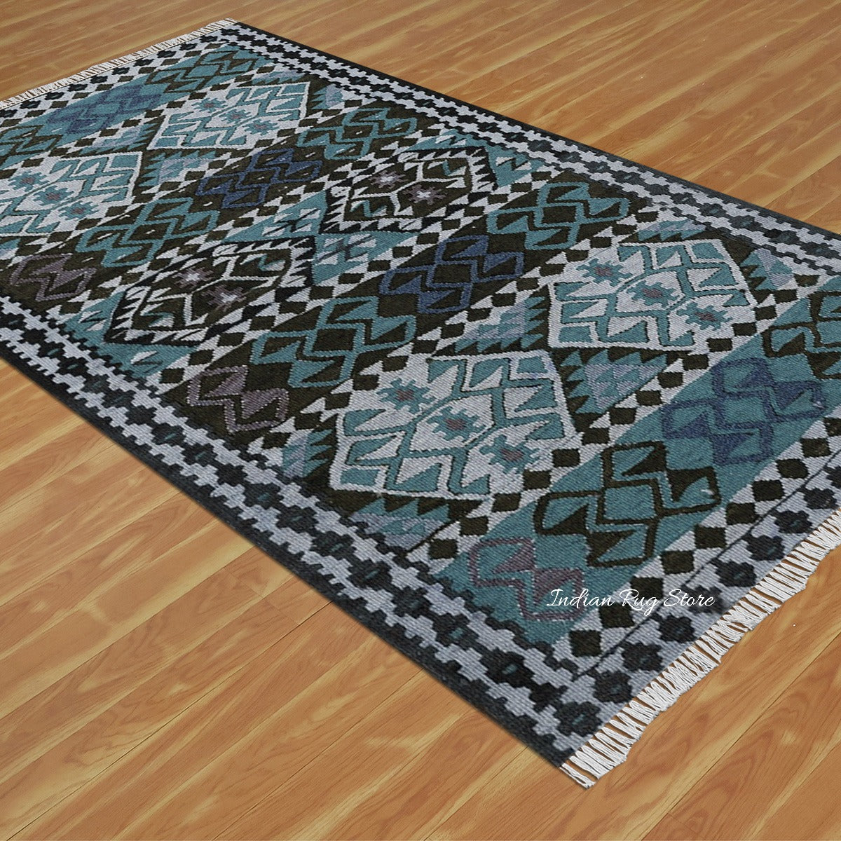 Hand Crafted Wool Kilims with Black Border Living Room Rug - Indian Rug Store Hand Crafted Wool Kilims with Black Border Living Room Rug - Indian Rug Store