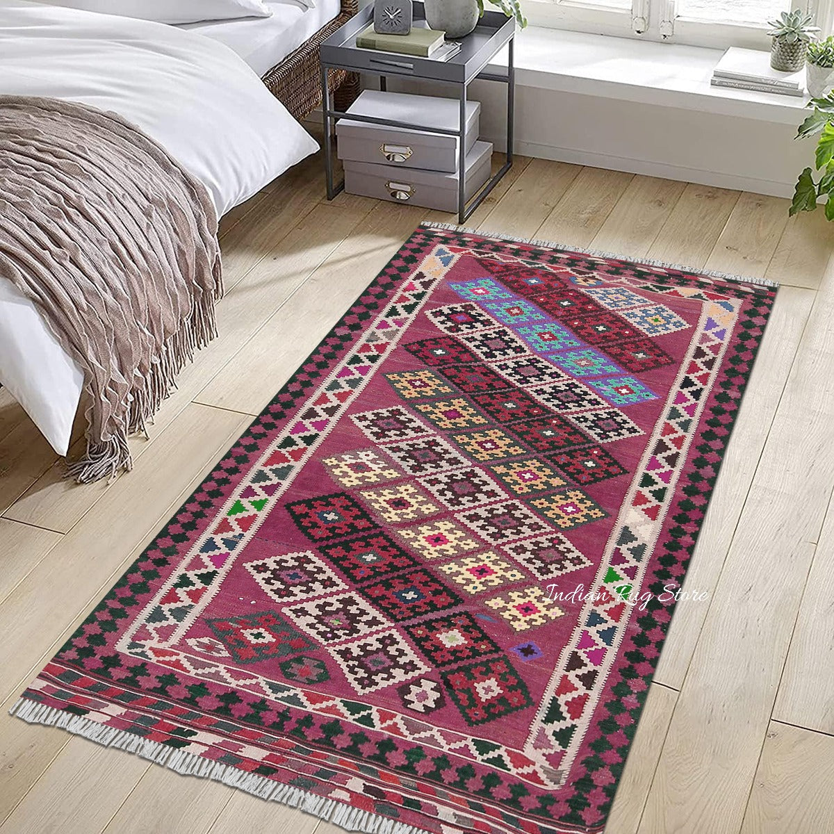 Hand Woven Natural Multicolor Wool Kilim for Hall Area - Indian Rug Store
