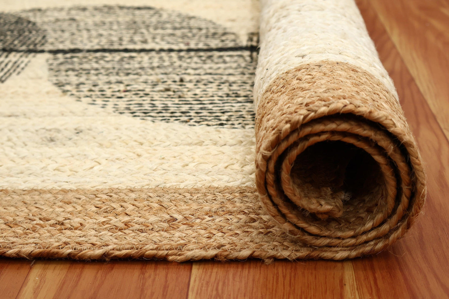 Trendy Hand Block Printed Geometric Beige Black Home Decor Jute Rugs - Indian Rug Store