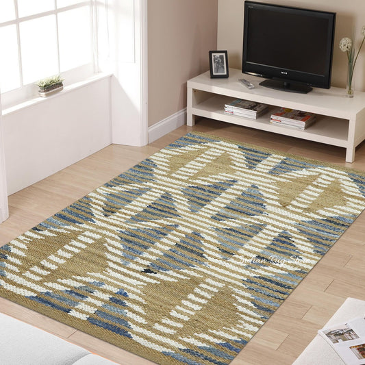 Beautiful Hand Woven Beige Blue Bedroom Decor Jute Rug Beautiful Hand Woven Beige Blue Bedroom Decor Jute Rug