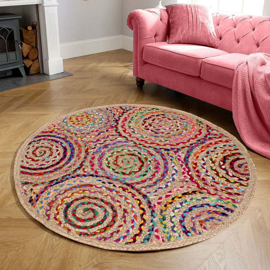 Tappeto d'ingresso rotondo in juta di cotone, intrecciato a mano, beige e multicolore Tappeto d'ingresso rotondo in juta di cotone, intrecciato a mano, beige e multicolore