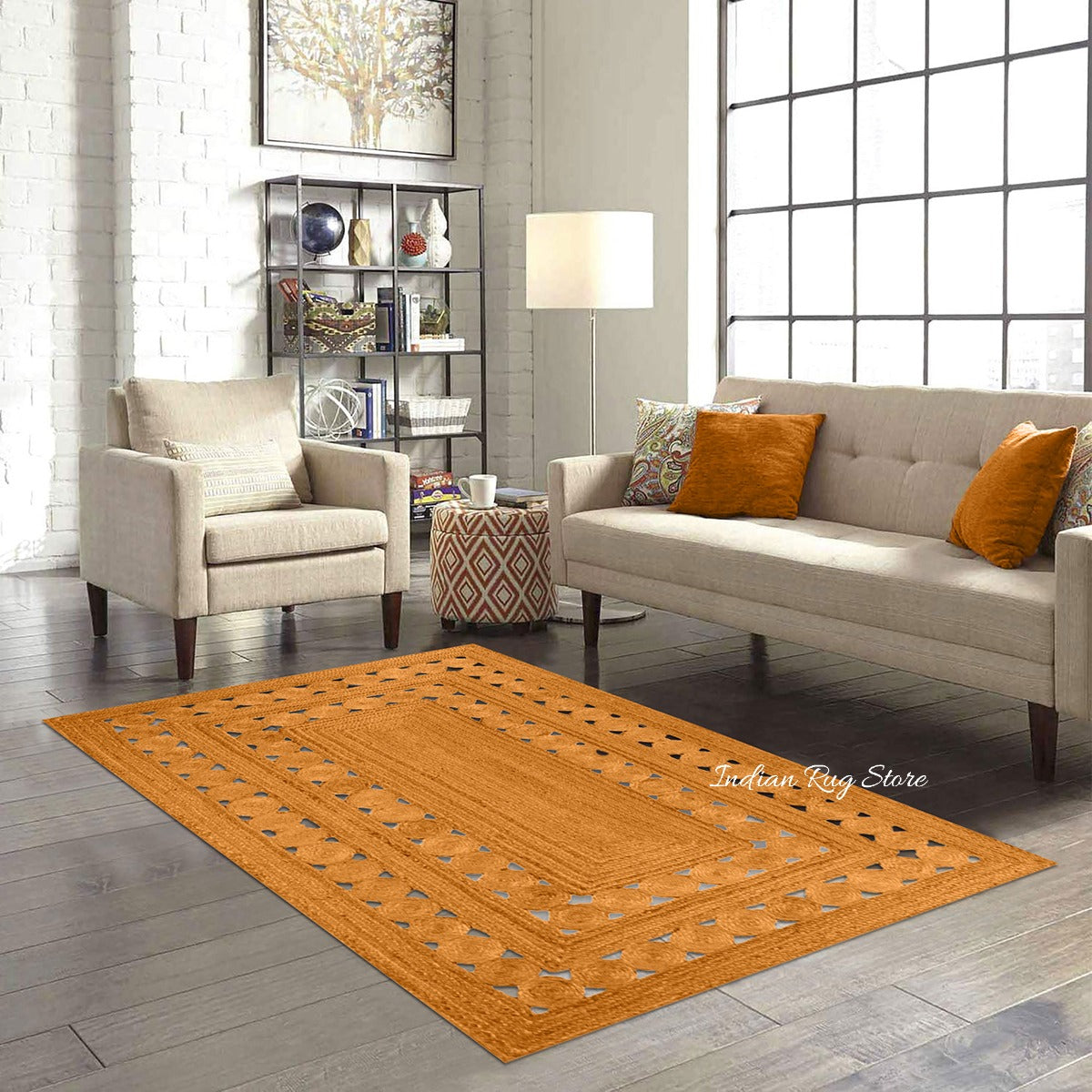 Alfombra de yute con diseño geométrico trenzado a mano de color naranja para decoración del hogar