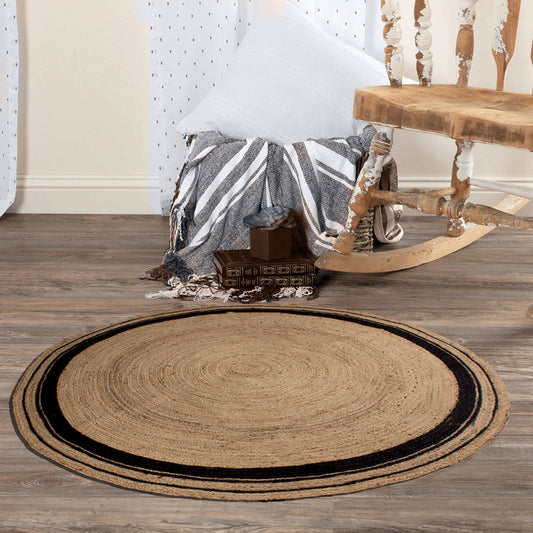 Tappeto rotondo in juta beige nero intrecciato a mano geometrico per sala da pranzo Tappeto rotondo in juta beige nero intrecciato a mano geometrico per sala da pranzo