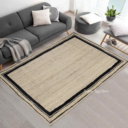 Tappeto di juta per interni beige e nero rettangolare intrecciato a mano Tappeto di juta per interni beige e nero rettangolare intrecciato a mano