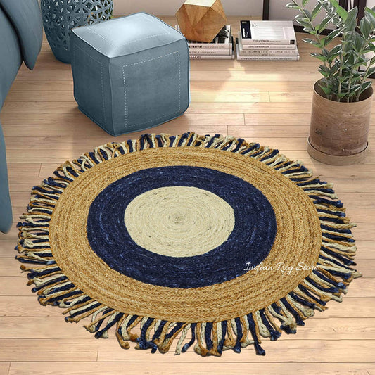 Hand Braided Black Beige Round Flat Weave Jute Rug Hand Braided Black Beige Round Flat Weave Jute Rug