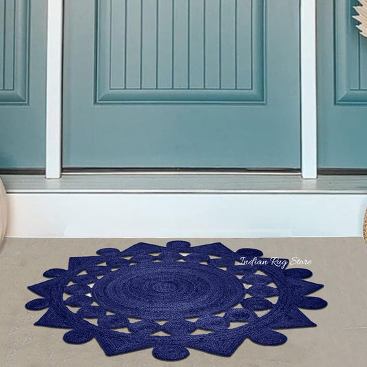 Tappeto rotondo in juta intrecciato a mano blu reale per interni Tappeto rotondo in juta intrecciato a mano blu reale per interni