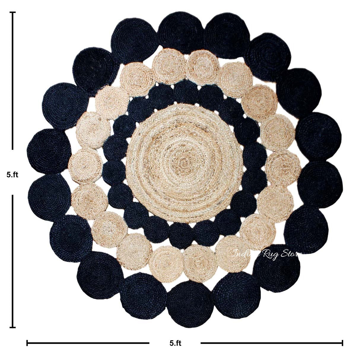 Oriental Hand Braided Beige Black Jute Outdoor Round Area Rug - Indian Rug Store Oriental Hand Braided Beige Black Jute Outdoor Round Area Rug - Indian Rug Store