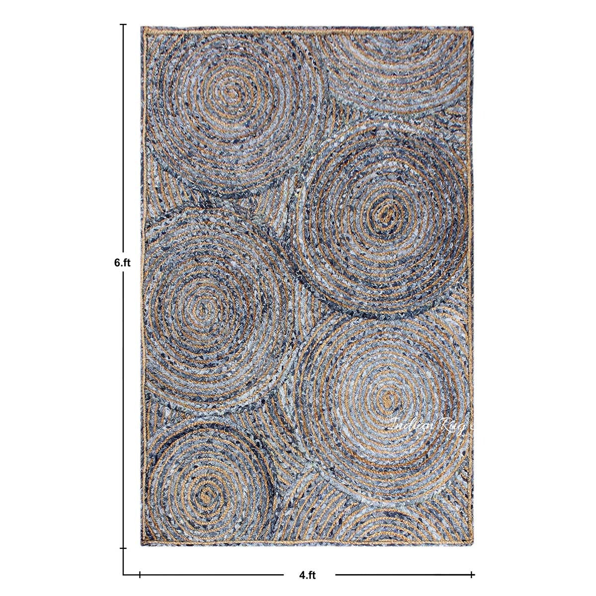 Beige Blue Geometrical Hand Braided Home Decor Cotton Jute Rug - Indian Rug Store Beige Blue Geometrical Hand Braided Home Decor Cotton Jute Rug - Indian Rug Store