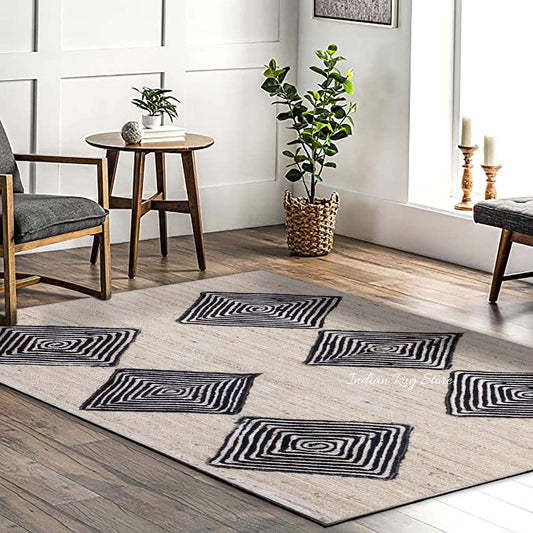 Tappeto tradizionale in juta intrecciato a mano beige nero per la casa Tappeto tradizionale in juta intrecciato a mano beige nero per la casa