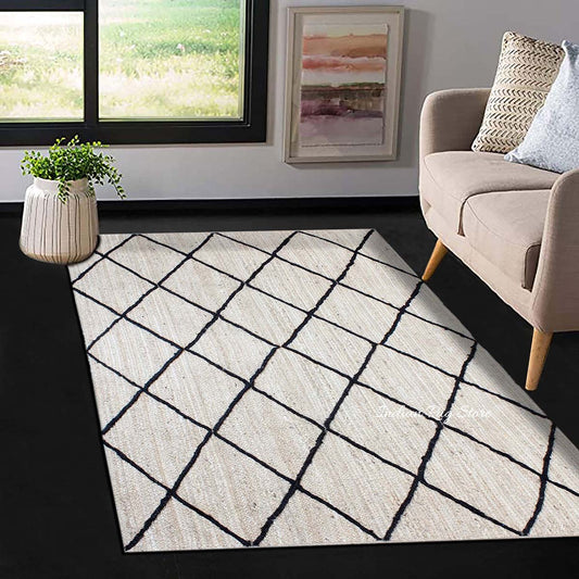 Tappeto da esterno in juta intrecciato a mano beige bianco alla moda Tappeto da esterno in juta intrecciato a mano beige bianco alla moda