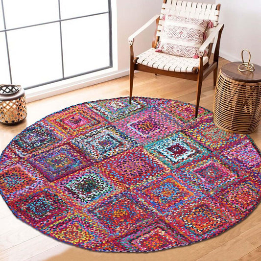 Tappeto decorativo per interni in cotone rotondo multicolore intrecciato a mano Tappeto decorativo per interni in cotone rotondo multicolore intrecciato a mano