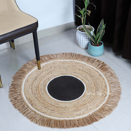 Hand Braided Beige Black Jute Entry Way Round Area Rug Hand Braided Beige Black Jute Entry Way Round Area Rug