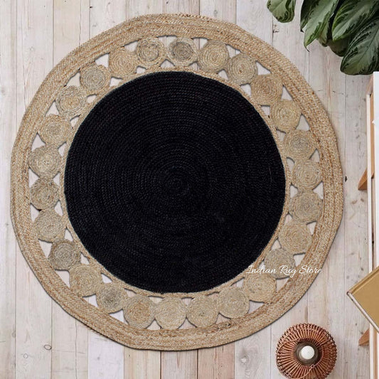 Classic Black Beige Hand Braided Interior Round Area Rug Classic Black Beige Hand Braided Interior Round Area Rug