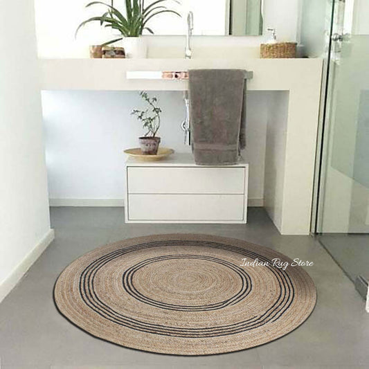 Hand Braided Beige Black Jute Farmhouse Round Area Rug Hand Braided Beige Black Jute Farmhouse Round Area Rug