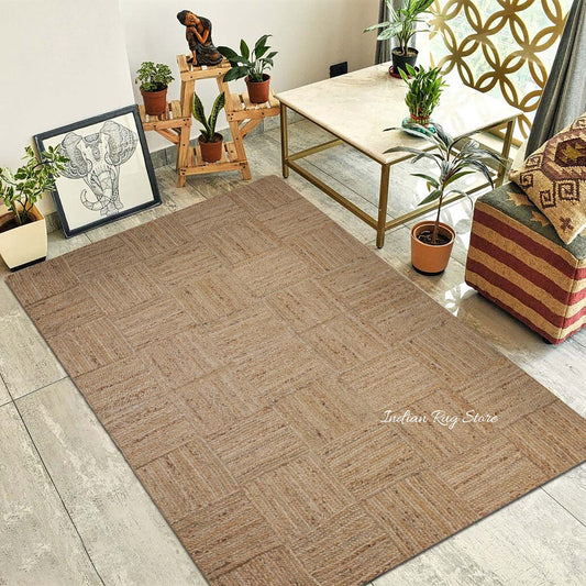Tappeto tradizionale in juta beige intrecciato a mano per interni Tappeto tradizionale in juta beige intrecciato a mano per interni