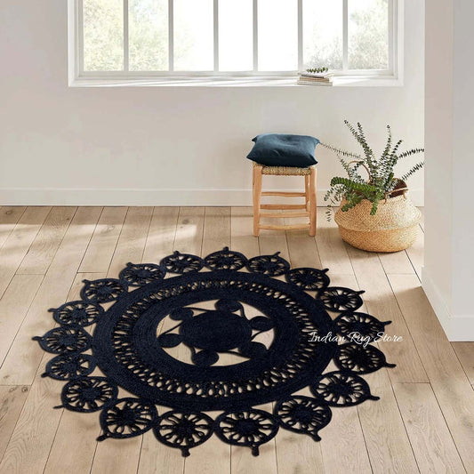 Black Indian Hand Braided Jute Farm House Round Area Rug Black Indian Hand Braided Jute Farm House Round Area Rug