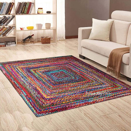 Multicolor Geomtrical Hand Braided Home Decor Cotton Jute Rug Multicolor Geomtrical Hand Braided Home Decor Cotton Jute Rug